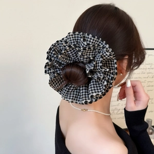 Sweet black and white gingham oversized scrunchie with wavy ruffle design for bun hair
