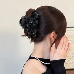 Pince à Cheveux Fleur Rose en Filet Noir Élégant Strass Plissé Tulle Grande Pince à Cheveux Pour Femmes Doux Bijoux
