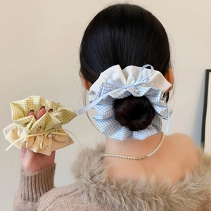 Sweet plaid scrunchies with lace trim and pearls for Korean style ponytails