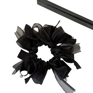 Elegant black chiffon scrunchie with ruffled edges and silver bead charms for women
