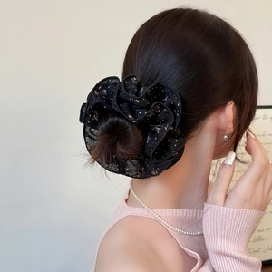 Black floral scrunchie with pink print for bun hair styling, soft double-layered mesh fabric