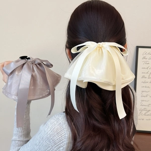 Elegant Large Satin Mesh Bow Hair Clip For Women French Style Oversized Bowknot With Faux Artificial Pearls Ponytail Clip Jewelry