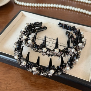 Elegant punk style black tweed headband with white pearls and crystal spikes