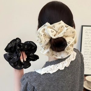 Chouchou Fleuri en Filet Multicouche Mode Coréenne pour Femmes Élégant Plissé Grand Élastique en Tissu Imprimé Accessoire Cheveux