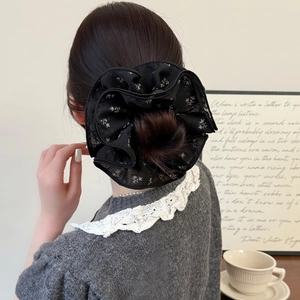 Chouchou large en tulle noir à fleurs mauves pour un style français élégant et chic