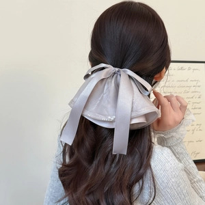 Elegant oversized silver-grey satin and mesh bow hair claw with pearl trim for women