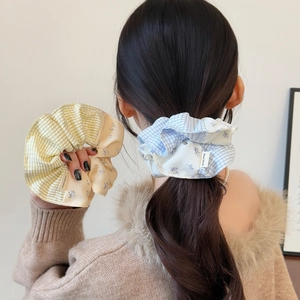 Checkered and floral fabric scrunchie set with handmade label for women hair styling