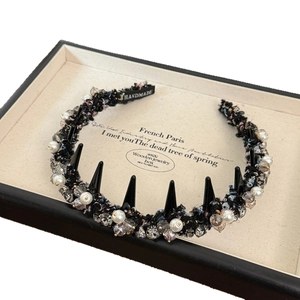 Gothic style black headband with metallic spikes, white pearls and crystal beads