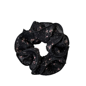 Double-layer mesh floral scrunchie in black with pink flower print and elastic hair tie