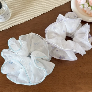 Elastici per capelli in tulle bianco con motivi floreali blu e viola per donna