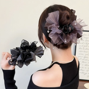Pince à Cheveux Élégante en Organza avec Nœud Papillon Fleur en Gaze Multicouche et Pendentifs en Strass pour Coiffure Femme