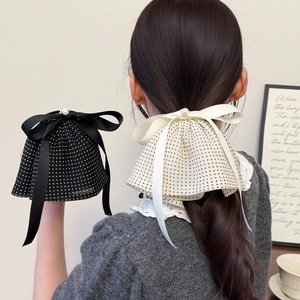 Pince à Cheveux Nœud en Maille à Pois Vintage Français Élégant Ruban de Satin Queue Grande Pince à Cheveux Künstliche Perle Femme