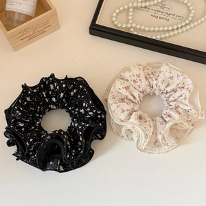 Set of two lace floral oversized scrunchies in black and cream white chiffon