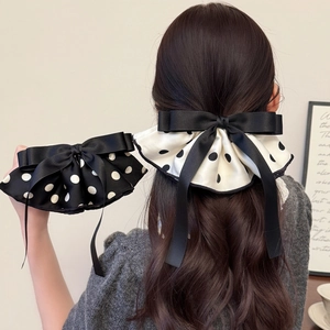 French Vintage Polka Dot Satin Bow Hair Clip Elegant Ruffle Large Ribbon Spring Clip For Women Retro Sweet Hair Accessories