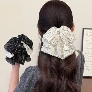 Large Polka Dot Mesh Bow Hair Clip With Lace And Faux Artificial Pearl Pendant Vintage French Style Sweet Hair Accessories For Women