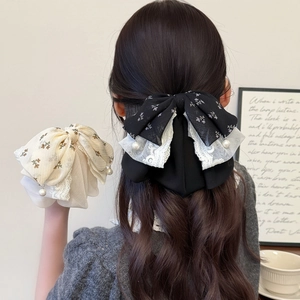 French Mesh Lace Bow Hair Clip For Women Elegant Floral Chiffon Ponytail Clip With Faux Artificial Pearl Decorative Hair Accessories