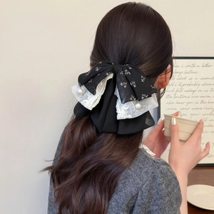 French lace floral bow hair claw clip with faux pearls for women's elegant hairstyle