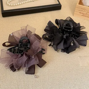 Détails de pinces à cheveux de 13cm en organza avec perles en noir et marron café