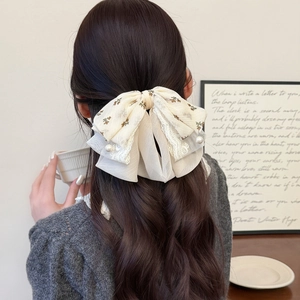 French style floral lace bow hair claw clip in cream white with elegant pearl pendants