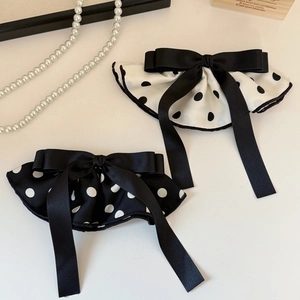 Elegant French style polka dot false collar with large satin bow and pleated trim details