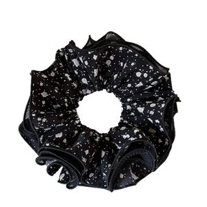 Floral lace scrunchie with 4-layer black mesh edge for elegant hair styling