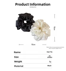 Detail showing 18cm diameter and 8g weight of tulle mesh polka dot scrunchies set
