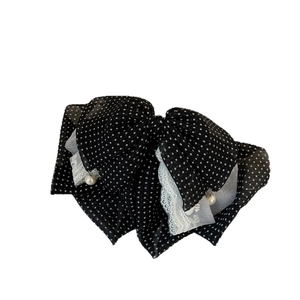 Vintage black polka dot mesh bow hair clip with lace details and pearl pendants