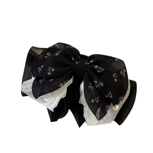 Elegant French black floral lace bow hair claw clip with white mesh and pearl accent