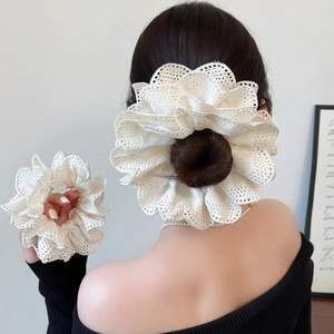 Women Elegant White Lace Flower Scrunchies French Vintage Layered Hair Ties Retro Embroidery Floral Elastic Hair Bands Accessories