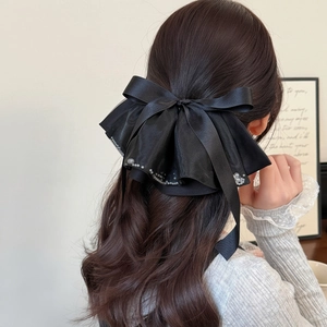 Elegant Satin Bow Hair Clip With Faux Artificial Pearl Mesh Ribbon Spring Clip For Women French Vintage Style Large Hair Accessory