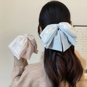 Preppy style plaid lace bow hair scrunchie with pearls for elegant ponytails