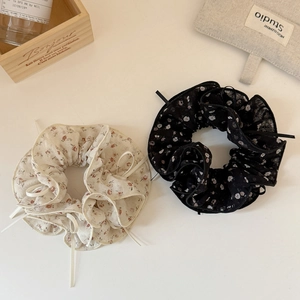 Set di elastici per capelli in chiffon a fiori con nastri in crema e nero