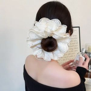 Elegant white oversized layered lace scrunchie for women with delicate embroidery
