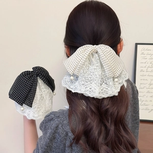 Vintage Polka Dot Mesh Lace Bow Hair Clip French Style Ribbon Barrette With Artificial Pearl Pendant Elegant Women Hair Accessories
