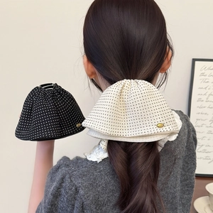French style polka dot fabric hair claw clips in black and white with gold brand plates