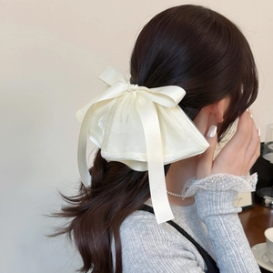 Elegant oversized creamy white double-layered ribbon bow hair clip with organza details