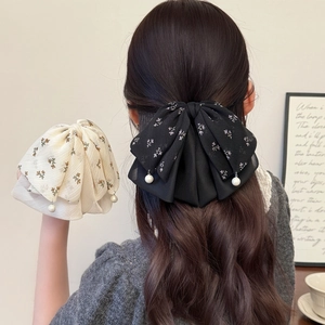 Pince à Cheveux Nœud Imprimé Fleuri pour Femme Mousseline Ruban Queue de Cheval Élégante Künstliche Perle Accessoires Cheveux Coréens