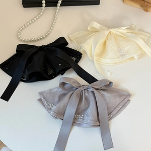 Elegant bow hair clips with organza ruffles and pearls in black, beige and grey colors