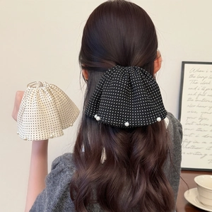 French Polka Dot Bow Hair Claw Clip Elegant Fabric Hair Accessory With Artificial Pearl Accents Vintage Style Hairpin For Women Daily Use