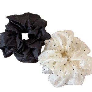 Elegant polka dot and solid black mesh scrunchie set with soft pleated organza texture