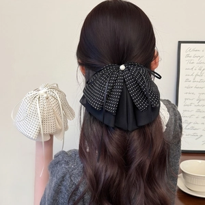 Grande Pince à Cheveux Nœud à Pois et Künstliche Perles Mousseline Maille Pince Requin Rétro Français Ruban Épingle à Cheveux Femme