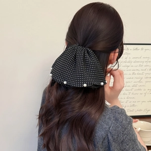 French style black and white polka dot bow hair claw clip with elegant pearl edges