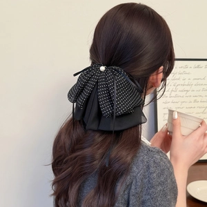 Pince à cheveux nœud à pois avec perle, barrette élégante en mousseline noire pour femme