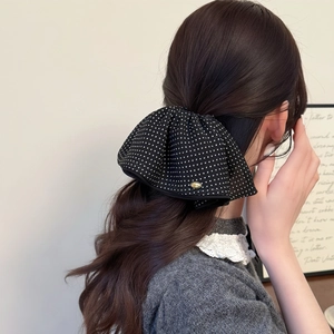 French style black and white polka dot bow hair scrunchie with gold metal detail
