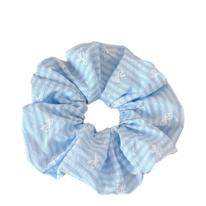 Chic light blue striped scrunchie with white polka dots and bows for girls