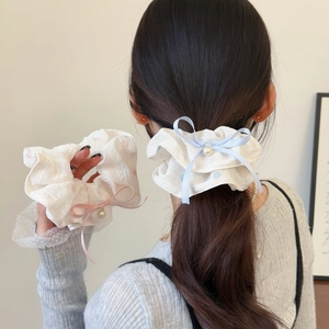 French Sweet Lace Scrunchies With Satin Bow And Faux Artificial Pearl Decorative Pleated Hair Tie Ponytail Holder For Women Girls
