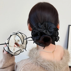 Elegant Polka Dot Mesh Hair Scrunchies With Ribbon Bow French Vintage Ruffled Hair Ties For Women Daily Hair Accessories