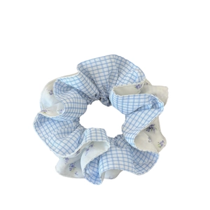 Blue plaid and purple floral scrunchie hair tie with Korean fabric patchwork design