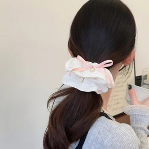 French style white lace scrunchie with pink ribbon bow and pearl detail on ponytail