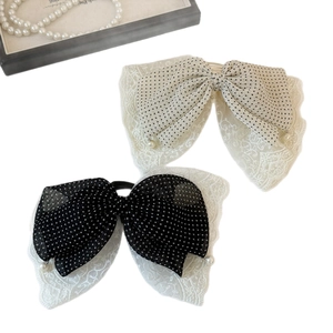 Polka dot lace bow hair claw clips with pearl pendants in black and cream white colors